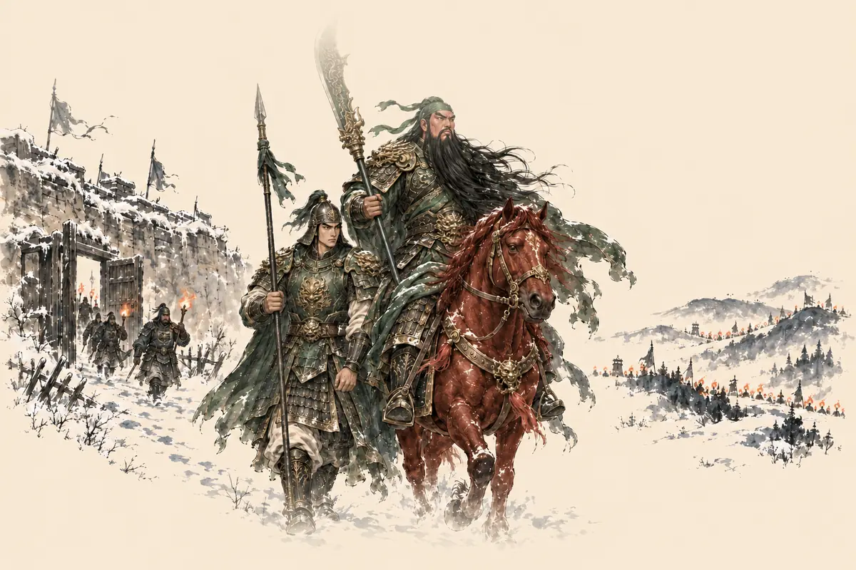 Ink-wash scenario art: Guan Yu riding through snow