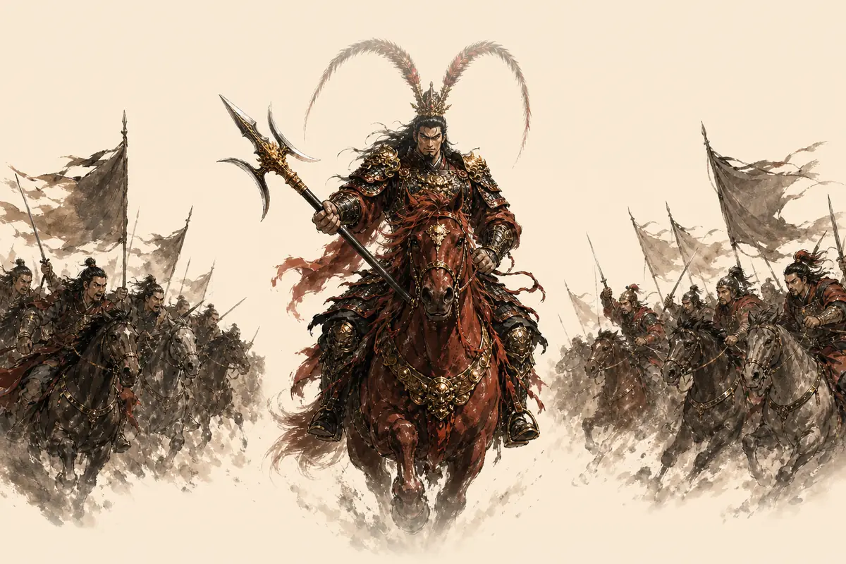 Ink-wash art of Lü Bu charging on horseback